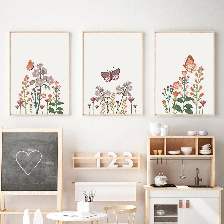 Boho Flower Butterfly Nursery Posters Cartoon Wall Art Print Canvas Painting Wildflower Pictures Baby Kids Room Home Decoration