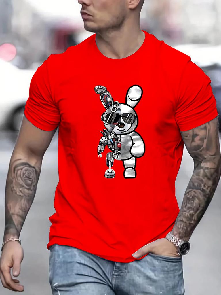 Men's Summer 100 Cotton Fashionable Casual Loose Cartoon Mechanical Rabbit Pattern Printed Round Neck Short Sleeved T-shirt Top