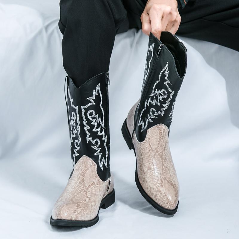 Men’s Pointed Toe Embroidered Western Cowboy Boots Casual Retro Dress Leather Men’s  Mid-calf Boots Plus Size