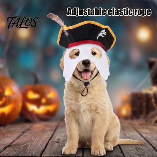 Pet Cosplay Supplies Halloween Pirate Hat, Black Hood with Feather, Funny Cat Photography Props Hat Face Mask for Dogs And Cats Party Costume