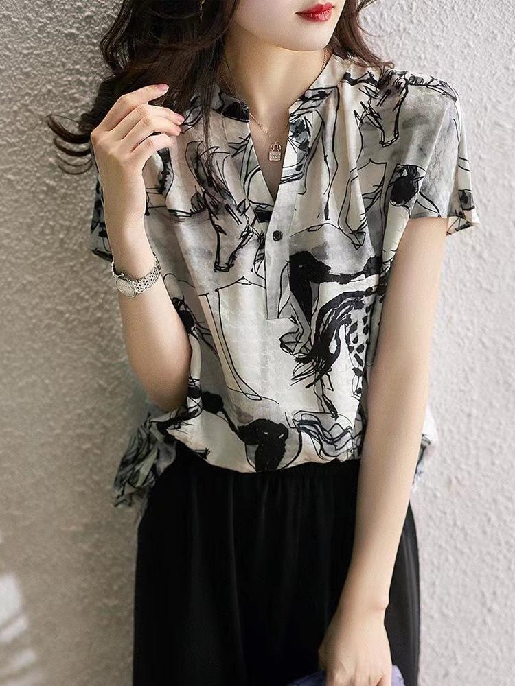 

Женская летняя блузка из шифона свободного кроя с принтом в виде чернил, 2024 S цветочные печати