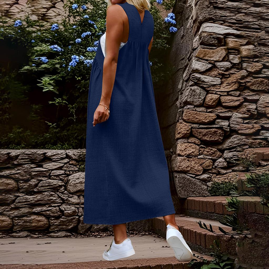 Women Sleeveless Solid Suspender Long Dress Casual Loose Fit Adjustable Strap Overall Style Maxi Skirt for Daily Wear