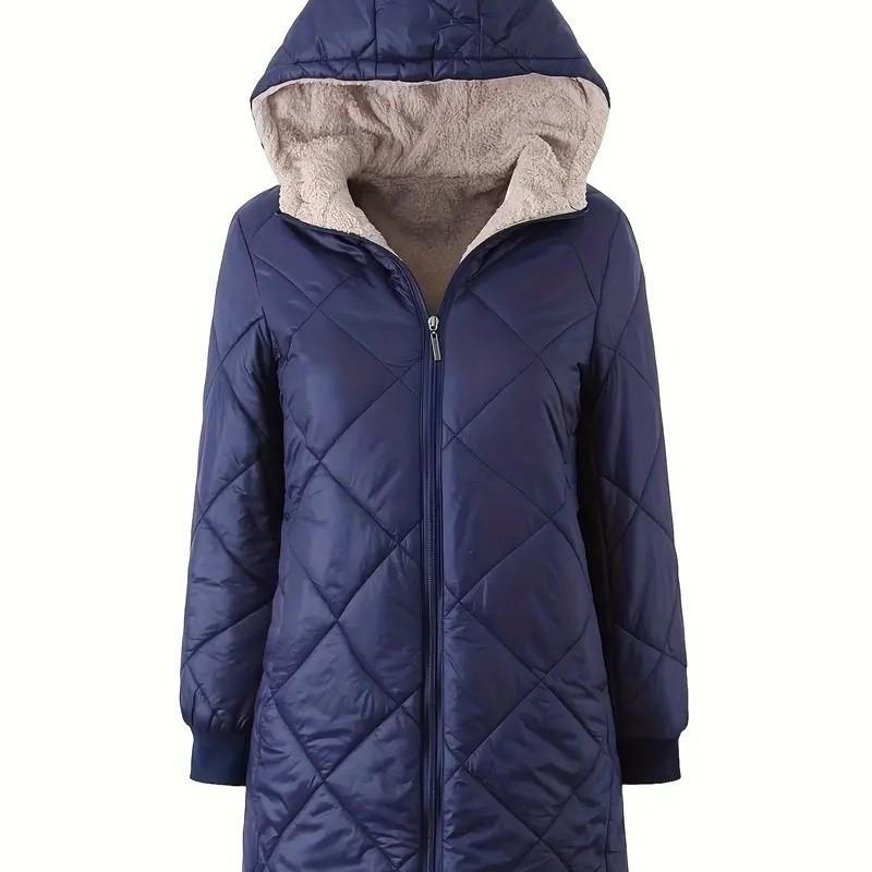 Autumn and winter new, women, loose and plush, hooded, medium to long length, cotton coat, long sleeved jacket, diamond grid, quilted cotton jacket