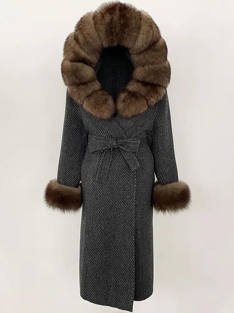 OFTBUY Winter Women Coat Real Natural Fox Fur Hooded Detachable Collar Double-faced Woolen Jacket Long Casual Elegant Overwears