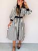 2025 Winter Stripe Print Lapel Shirt Dress for Women - Elegant European & American Style, Waist-Cinching Design