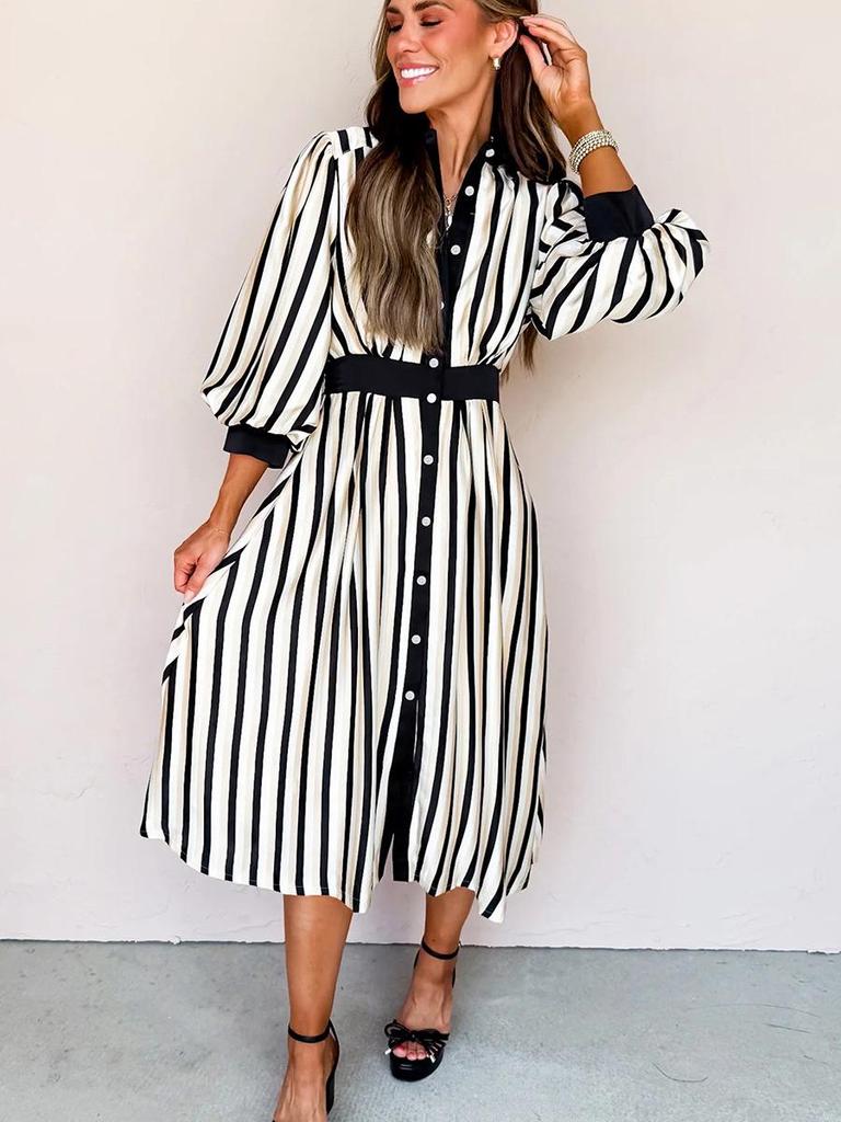 2025 Winter Stripe Print Lapel Shirt Dress for Women - Elegant European & American Style, Waist-Cinching Design