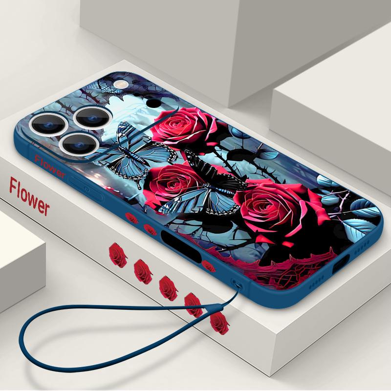 Étui Cordon Motif Fleurs Roses Rouges Pour iPhone 17 Pro Max Funda iPhone 16 15 14 13 Pro Max 11 16E 17E Coque Souple en Silicone