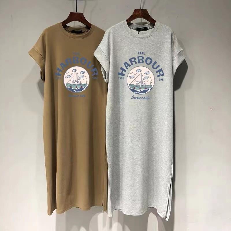 

Korean Plus Size Summer T-Shirt Dress: Women’s Long Over-the-Knee Letter Print with Short Sleeves and Slit 4XL