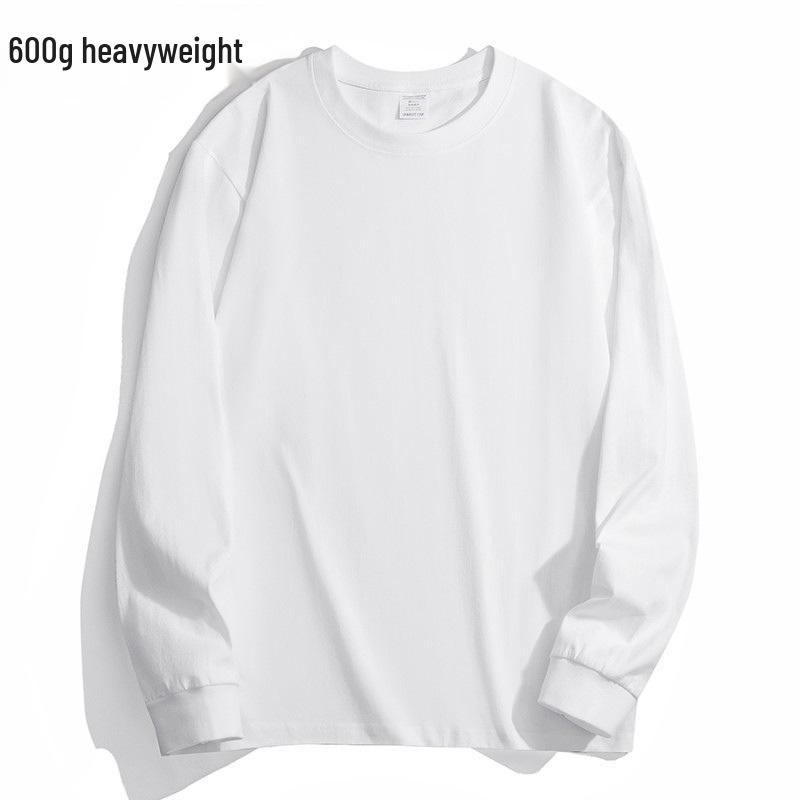 600G Heavyweight Men's Loose Fit Pure Cotton Long Sleeve T-Shirt - Small Neckline, High Gram Weight, Autumn/Winter.