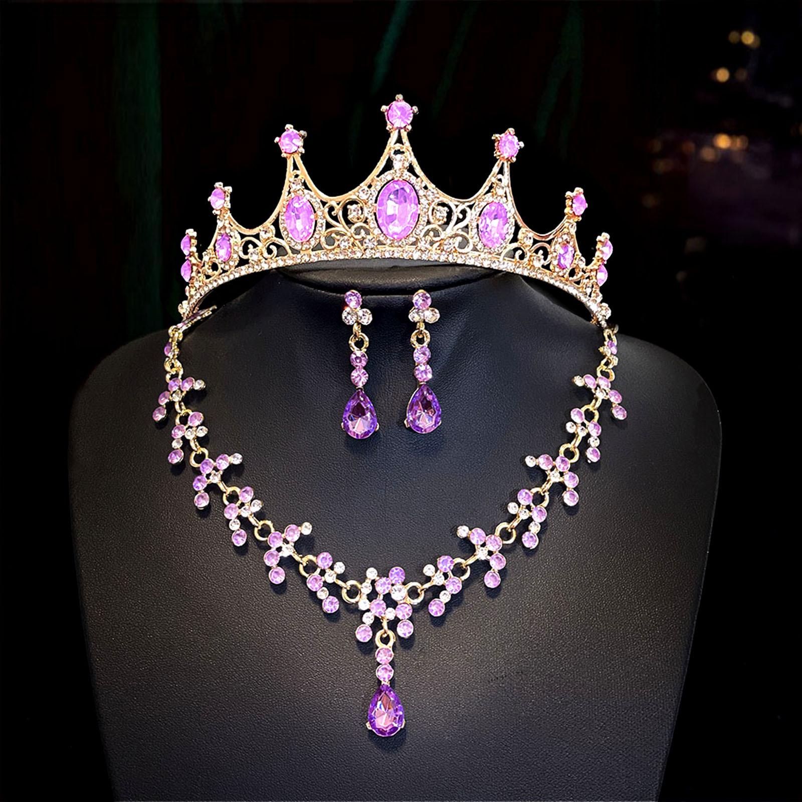 Retro Strasskrone Kopfschmuck Dreiteiliges Set Modischer und Super Glänzender Brautkopfschmuck Set Geburtstagskrone Halskette für Frauen black