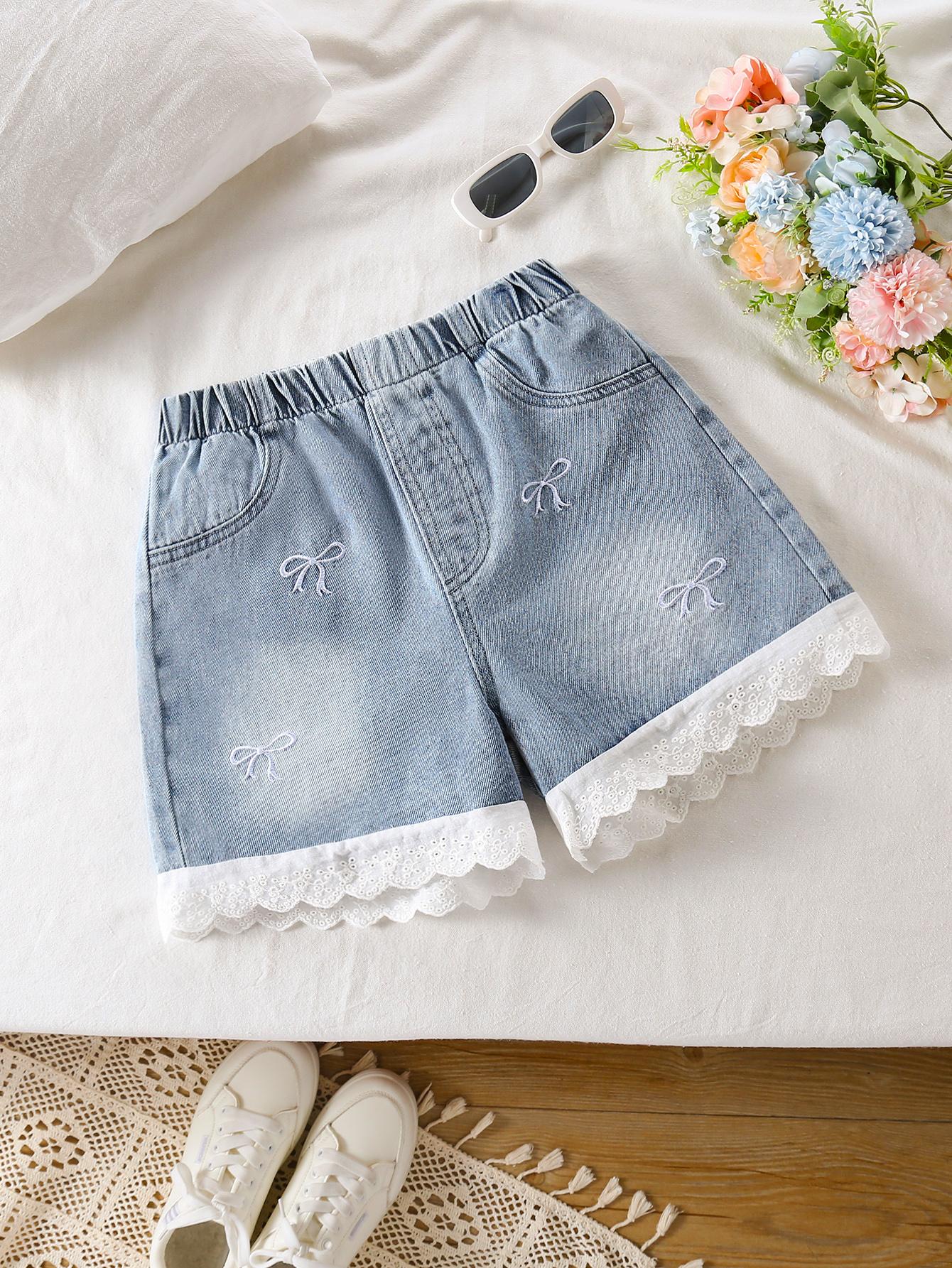 Girls Casual Denim Shorts – Summer Style; Features Lace Trim, Sweet Bow Embroidery, and a Simple, Stylish, Unique Look. 8Y светло-синий