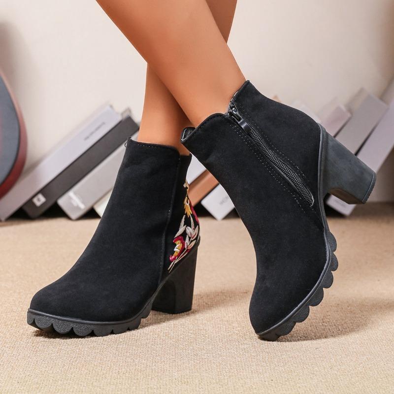 2024 Fashion Embroidered Modem Boots Brand Ladies Shoes Zip Women's Boots High Quality Round Toe High Heels Naked Boots Zapatos