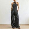 Women Cross Neck Halter Wide Leg Jumpsuit Solid Color Pleated Backless Elegant Long Pants Romper