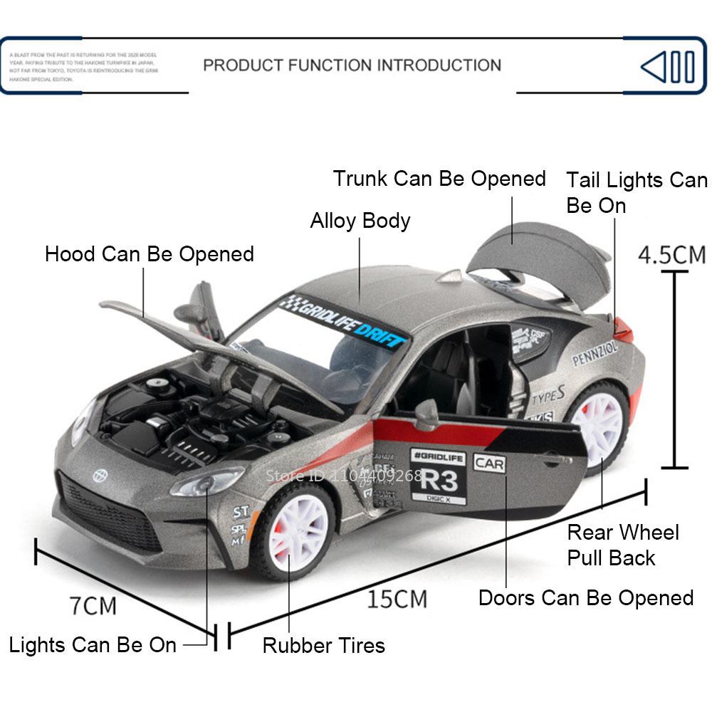 1:32 Scale GR86 AE86 Sports Car Model Toy Metal Diecast Doors Opened Pull Back Miniature Vehicles Models Kids Desktop Ornaments