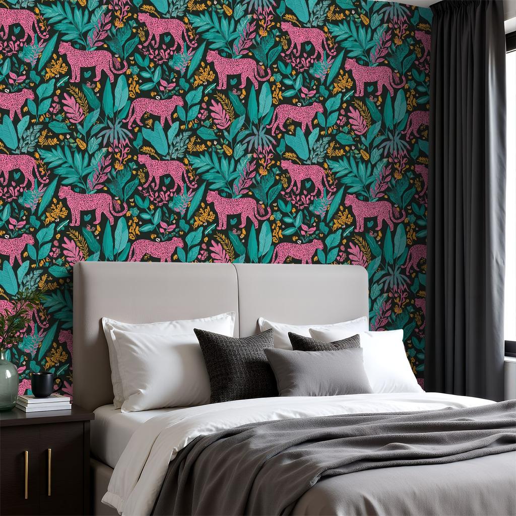 Leopard Tropical Leaves Bright Wallpaper 22.83"X118" Waterproof Wallpaper for Living Room/Bedroom/Bathroom PVC Wall Sticker