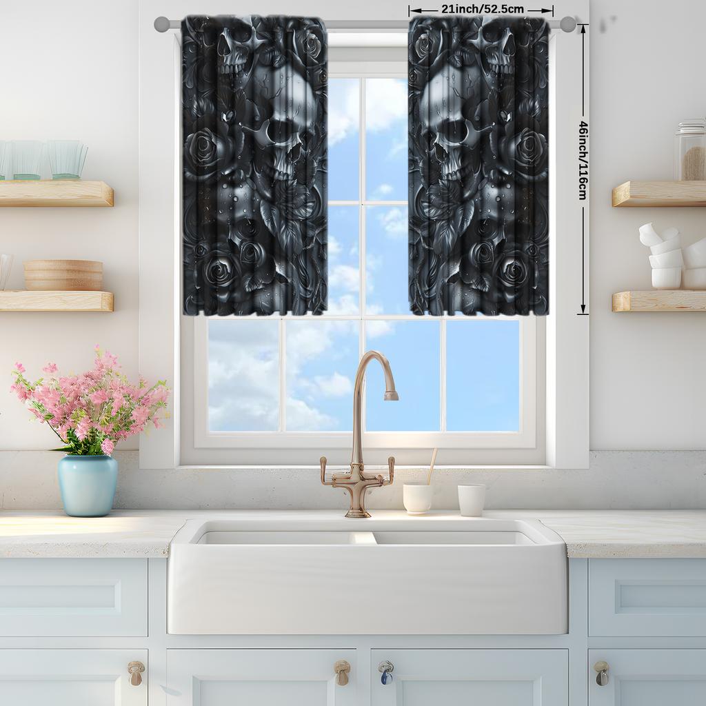 2pcs Terrifying Black Skull and Rose Printed Curtain for Halloween Home Decor - Rod Pocket Window Treatment for Bedroom, Office,