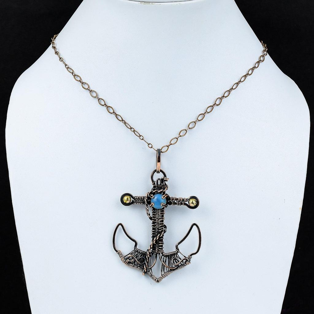 Blue Chalcedony Pendant Copper Wire Wrapped Pendant Handmade Pendant Copper Jewelry Anchor Pendant Genuine Gemstone Pendant Anniversary Gift