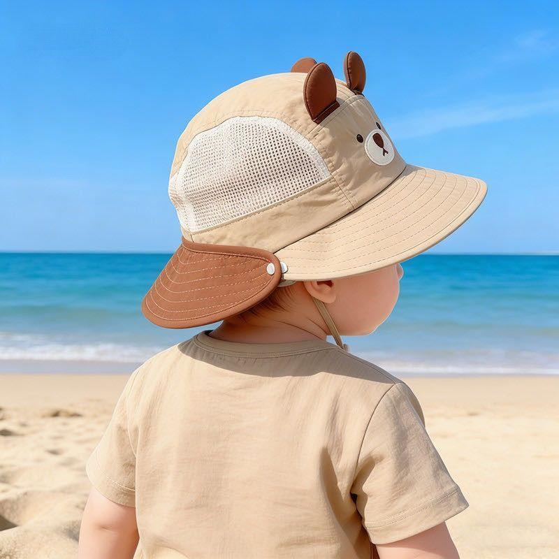 Baby Sommer atmungsaktiver Netz-Eimerhut mit abnehmbarem Nackenschutz großem Schirm Sonnenschutz niedliches Bären-Design für Jungen und Mädchen