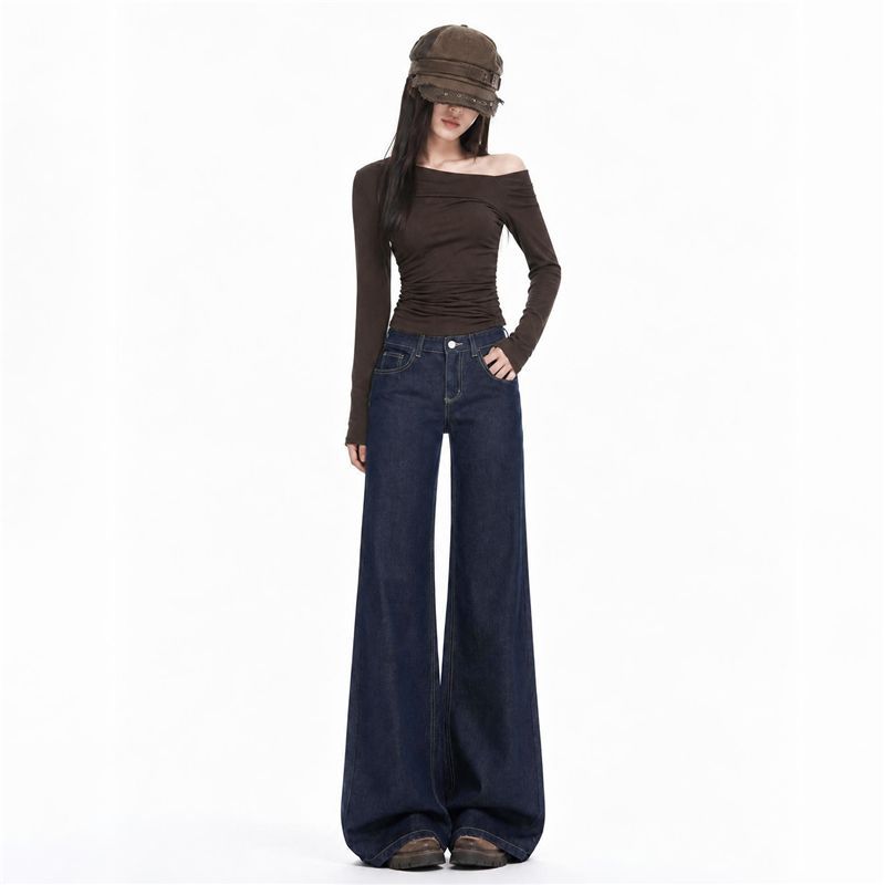 Pocket flip slightly pulled jeans women's autumn and winter non-stick legs horseshoe pants elastic high waist thin straight flared pants