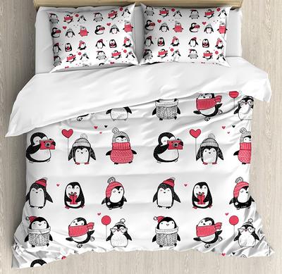 Winter Bedding Set For Bedroom Bed Home Cute Penguins Hand Drawn Style Set Merry Christma Duvet Cover Quilt Cover And Pillowcase