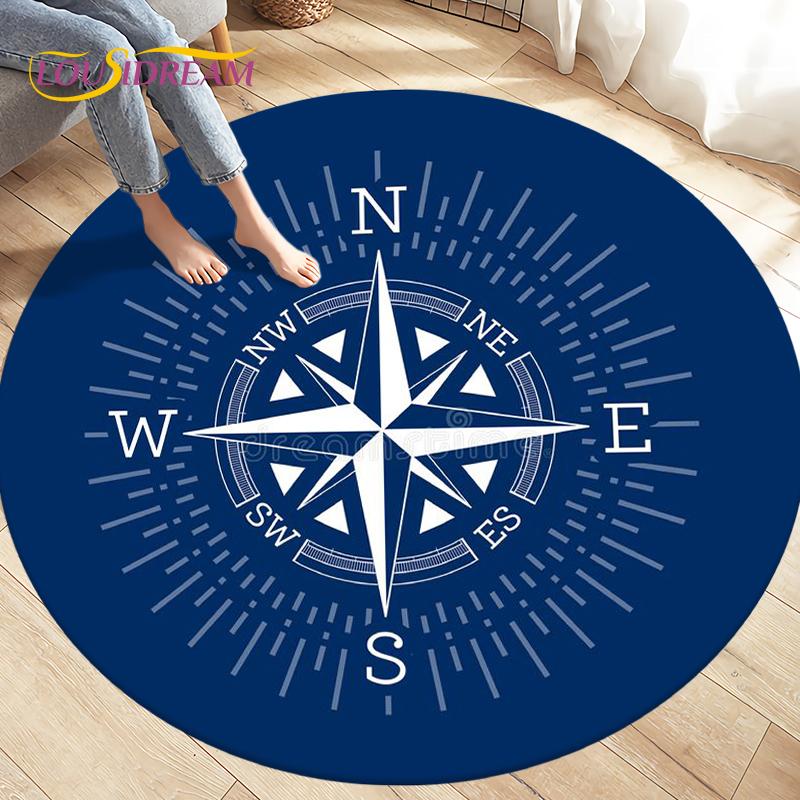 Compass Round Area Rug,Retro British Navy New World Discovery Rug,Carpets for Living Room Bedroom,Kids Play Non-slip Floor Mats