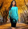 Long Sleeve Waist Tight Office Slim Fit Color Blocking Peach Blossom Printing Elegant Bodycon Dress
