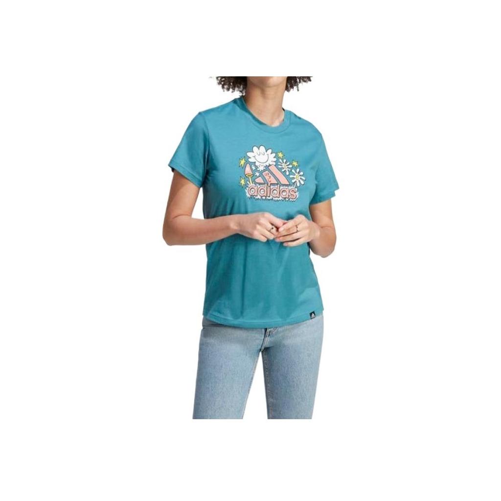 Adidas Quick-Dry Cartoon Graffiti Comfortable Short Sleeve Regular T-Shirt Women Tops Green IJ7330