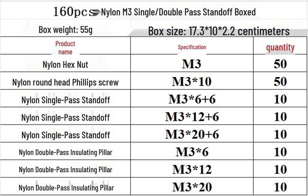 160pcs Black Nylon Screw and Standoff Set in Box