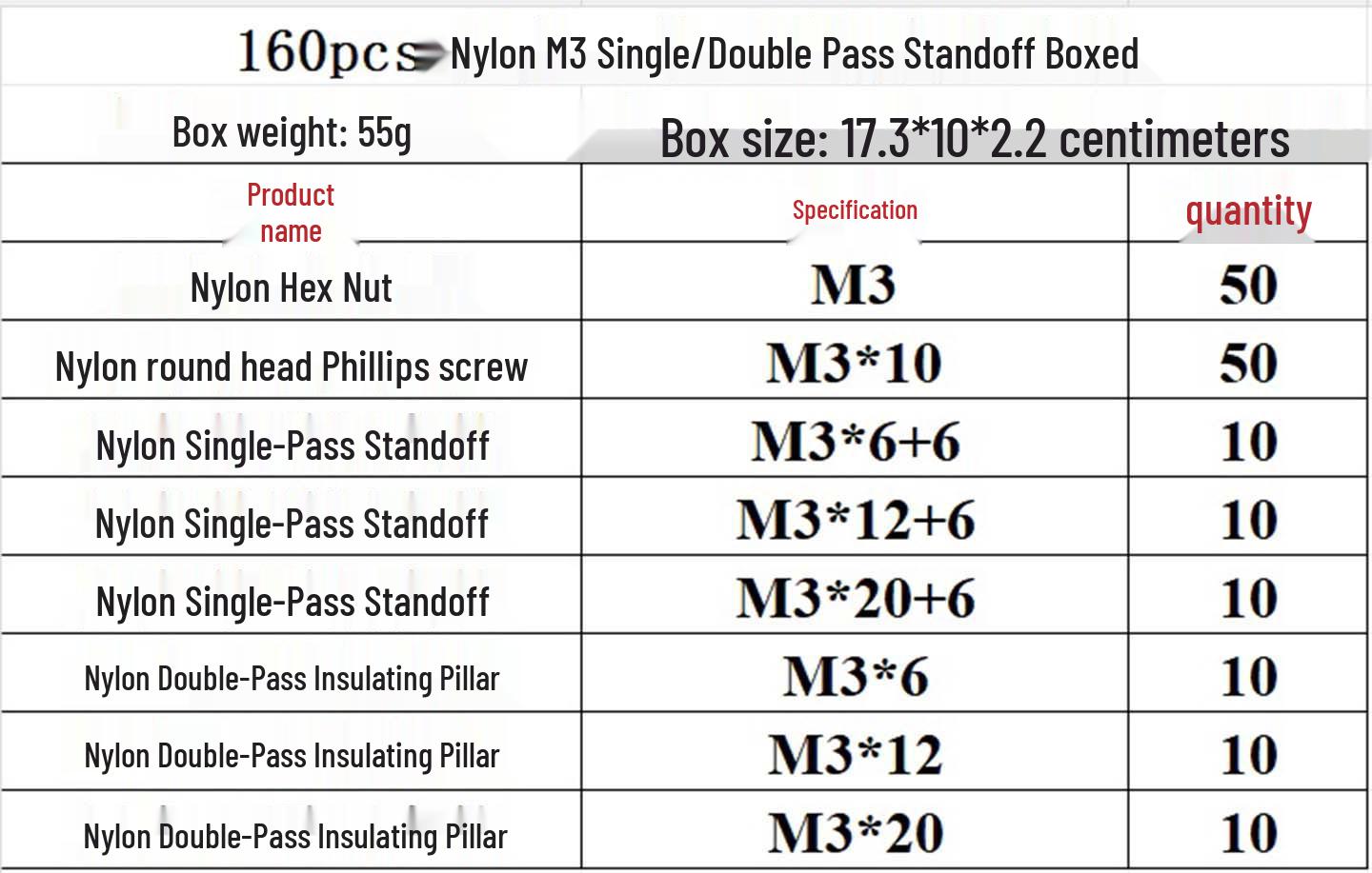 160pcs Black Nylon Screw and Standoff Set in Box