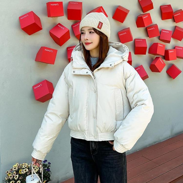 Women Autumn Winter Warm Thickened Cotton Padded Hooded Coat Solid Color Outwear Jacket
