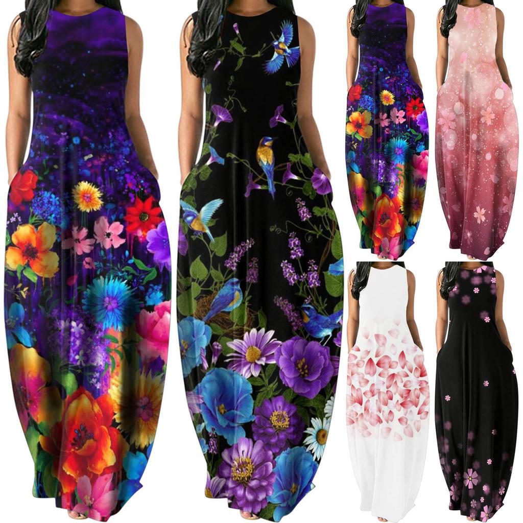 Women Summer Flower Print Sleeveless Plus Size Pullover Long Dresses
