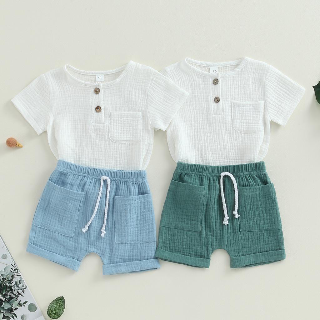 2Pcs Baby Boy Summer Outfits, Short Sleeve Button Down Pocket Tops + Shorts Set Toddler Clothes