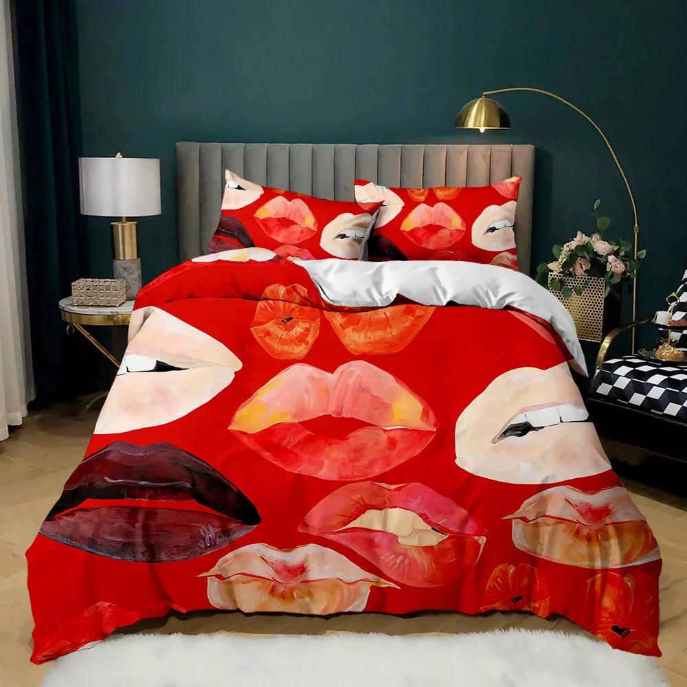 Lip Duvet Cover Set Golden Lip Bedding Set Sexy Adult Couple Twin Polyester Comforter Cover 3D Kiss Marks Double Queen King Size