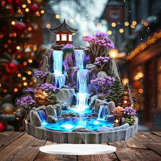 Yousheng 2Pcs Tabletop Rockery Ornaments, 2D Acrylic Rockery Waterfall Decoration with Base, Chinese Style Rockery Ornament for Desk And