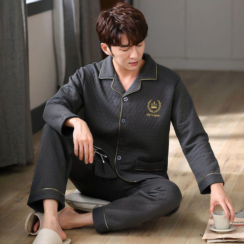 New Men Pajamas Autumn Winter Cotton Long-sleeved Loungewear Cotton Padded Plus Homewear Plus Plus Plus Size Sleepwear Suit