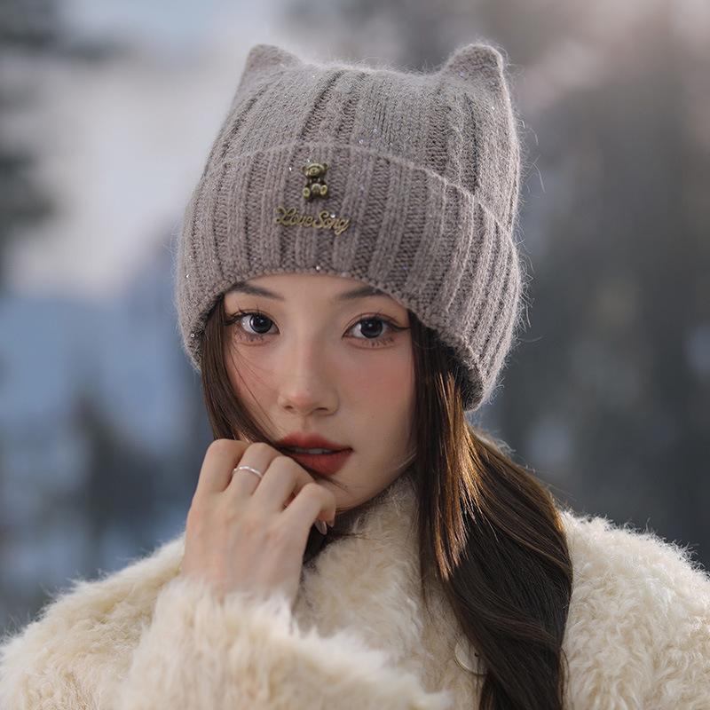 

Новая милая шапка из вязаной шерсти с кошачьими ушками для женщин, осенне-зимняя, с защитой ушей, теплая шапка One size темно-коричневого