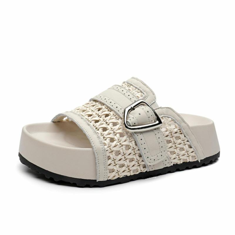 Fashion 5CM Weave Sheepskin Leather Shoes Hollow Mary Jane Loafer Slippers Platform Wedge Flats Peep Toe Women Breathable Sandals Summer