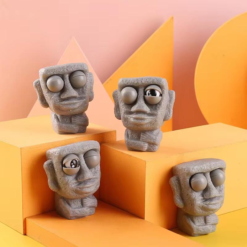 Stone Man Releases Stress Toy Slowly Rebounds Soft Moai Statue Squeeze Eyes Interested Expression Relaxes Stress Kids Gift