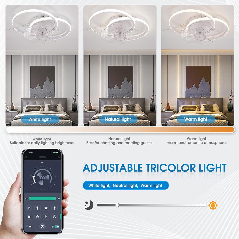 Deckenventilator mit zwei Ringen, LED-Licht und Fernbedienung, 85-265V, App-kompatibel