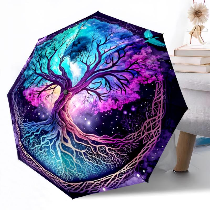 Goldener Baum des Lebens Automatischer Outdoor-Regenschirm Einziebares Design mit 8 Rippen Langlebig Leicht Perfektes Geschenk für Freunde Familie