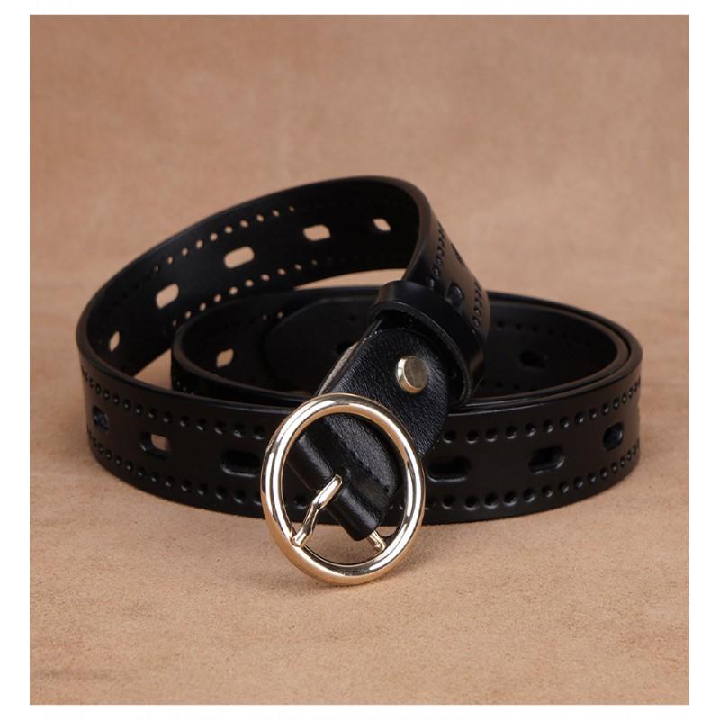 Womens Genuine Leather Belt With Cutout Design Slim Waistband Jeans Black Coffee Color Alloy Buckle 2-4cm Width