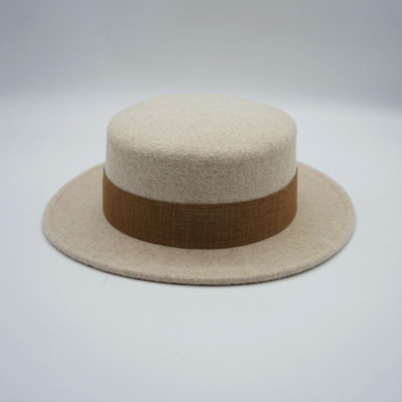 Beige Elegant Retro French Wool Flat Top Top Top Hat Women'S Autumn And Winter Japanese Korean Felt Wide Eaves British Flat Eaves