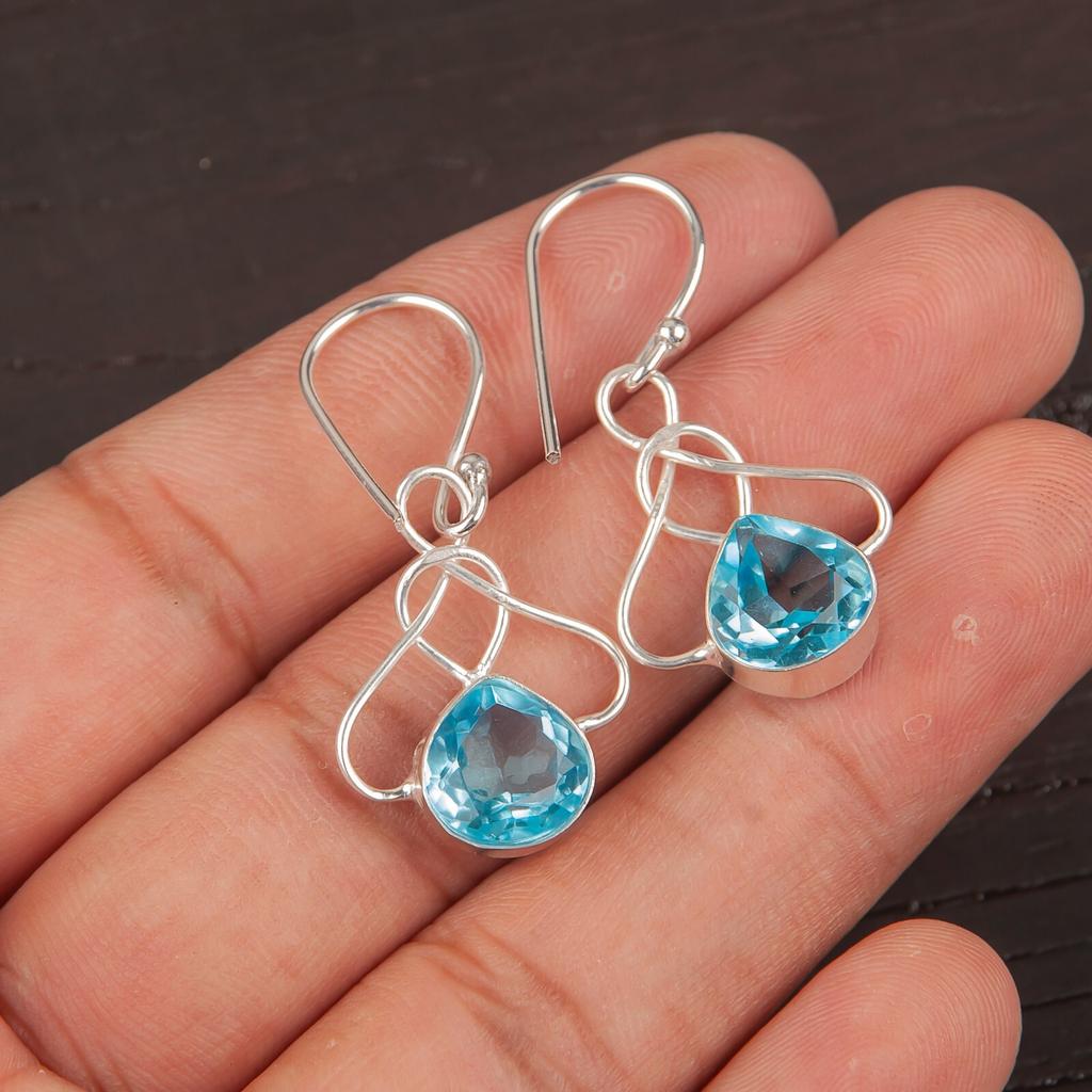 Sky Blue Topaz Gemstone 925 Stamped Silver Handmade Earrings 1.50" Gift For Wife EE-2-4