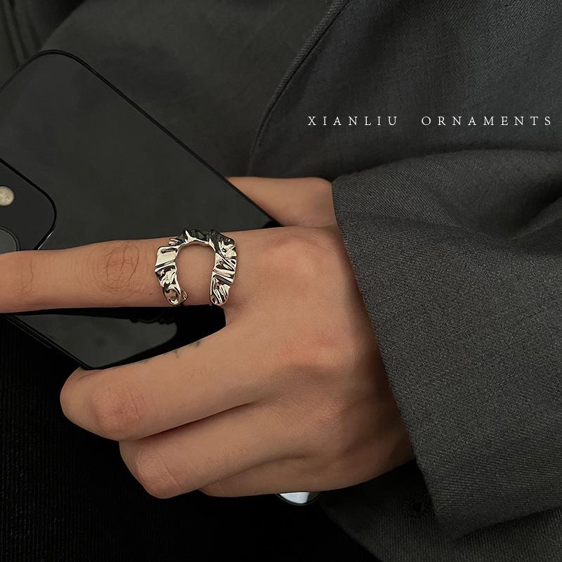 Korean Style Retro U-Shaped Adjustable Geometric Pleated Ring for Women - Trendy Hip Hop Fashion Adjustable Open