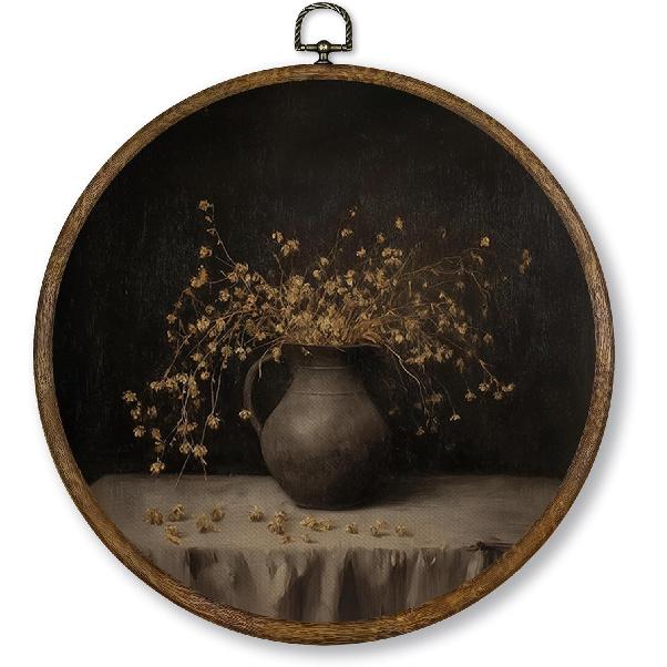 Qskjre Dark Moody Peony Floral Wall Art Decor, Vintage Cottagecore Pink Peonies Flower Round Wood Framed Canvas Wall Artwork, Shabby Chic Hanging