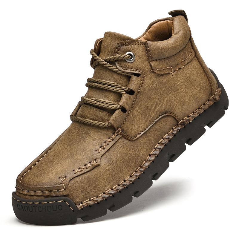 Martin Boots Men's Hand-stitched High-top Leather Shoes Men's Velvet Warm Cotton Shoes Large Size Retro Leather Boots