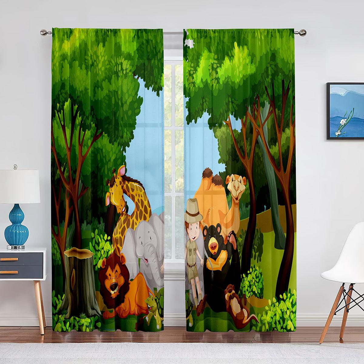 Мультяшные дикие животные Прозрачная вуалевая занавеска Тигр Слон Жираф Оконные шифоновые — фото 10