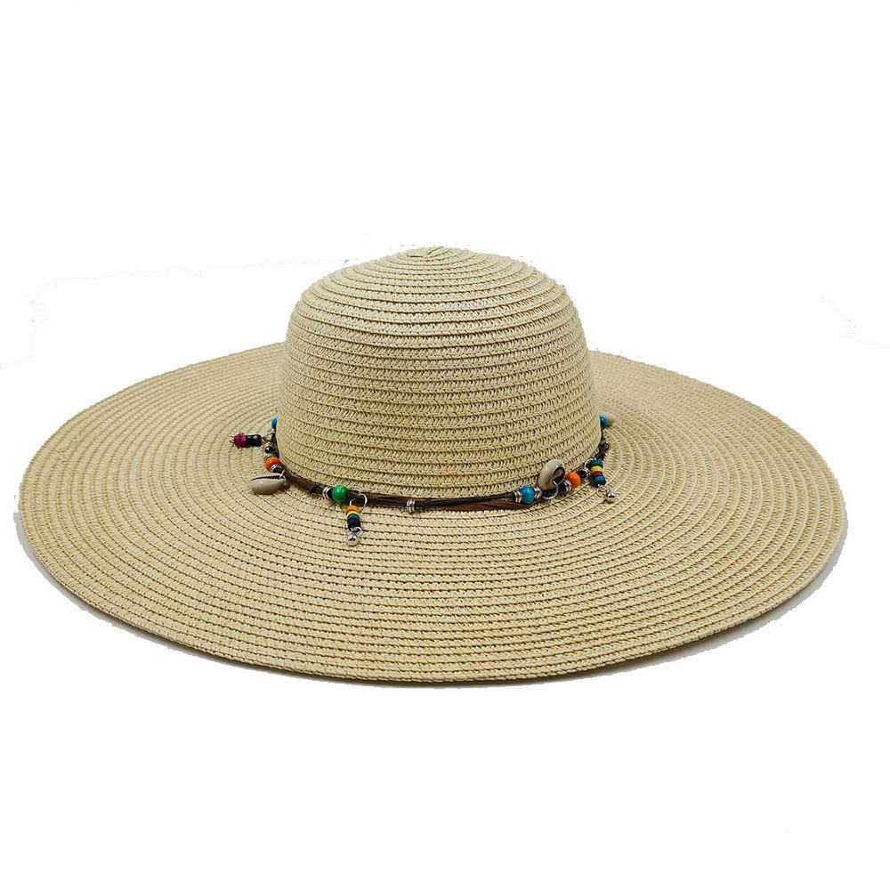 Ladies' Summer Straw Hat 13CM Large Brimmed Beach Hat Sunshade Hat Outdoor Beach Travel Hat Foldable