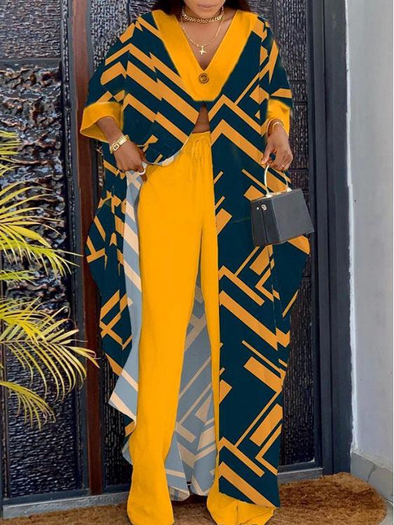 2025 New Loose Casual Two-Piece Homewear: V-Neck Button Print Top & Drawstring Long Pants