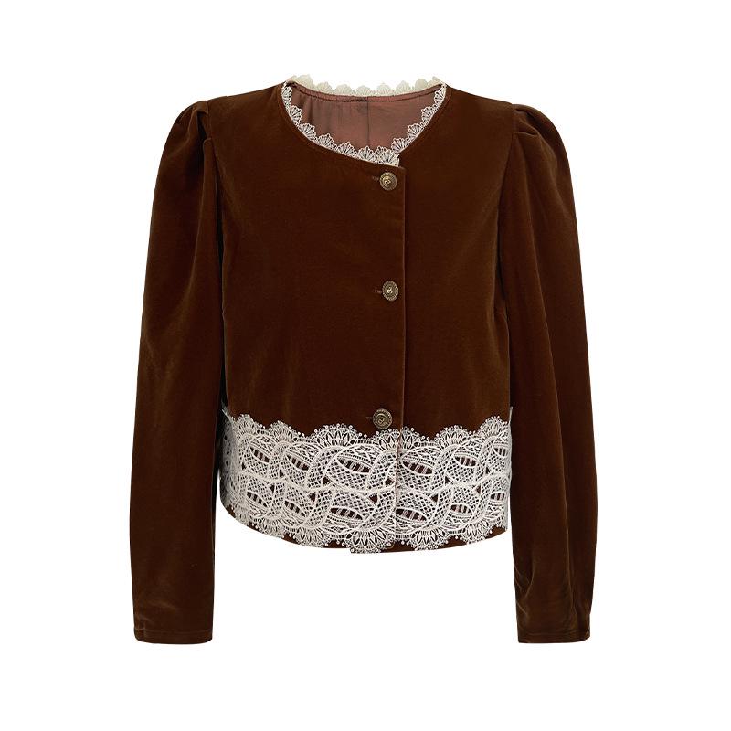 

Женская осенняя куртка пэчворк с кружевной отделкой и длинными рукавами - Возвраты и обмены не принимаются Small кофейный